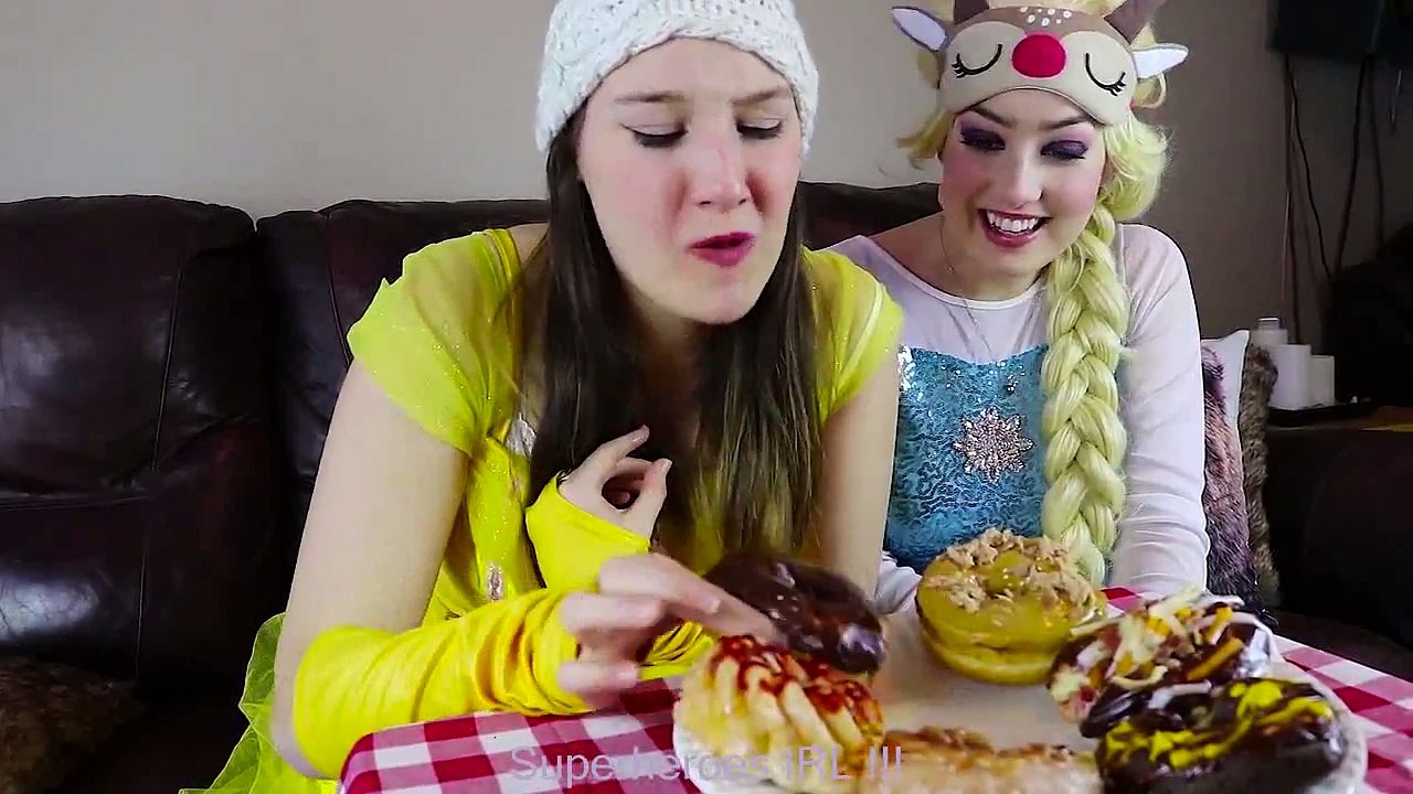 #5Frozen Elsa & Belle DONUT CHALLENGE w  Spiderman Joker Maleficent Makeup Attack Fun in real life | Superheroes | Spiderman | Superman | Frozen Elsa | Joker