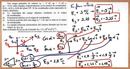 Problemas resueltos de física. Campo eléctrico formado por 3 cargas puntuales