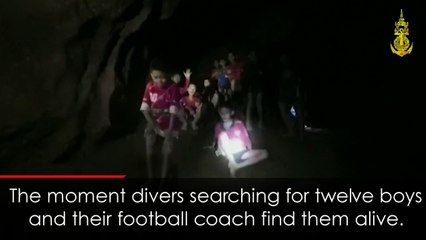 Moment divers find Thai boys and their coach alive