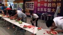 Man plunges face into watermelon to win eating contest