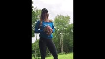 Woman throws football directly into the trash can