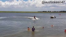 Skimboarder 'steals' jetski in smooth hijacking