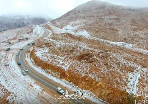 Drone Shows Snow-Covered Mountains in Saudi Arabia