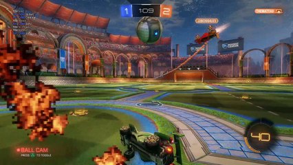 Slow dribble while mate bodyguards with demo and goalie bump