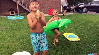 Baby Gia and Gav HUMAN Bowling Challenge and Slip n Slide FUN with Water Balloons!!!