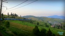 4K. Journey across Carpathian mountains by Ukrainian railway. Beautiful landscapes. Ultra HD