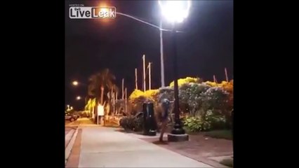 Une femme en robe très courte grimpe sur un poteau pour faire des tractions