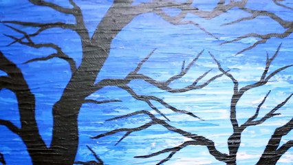 Peinture triptyque moderne : Silhouette d'arbre obscure.
