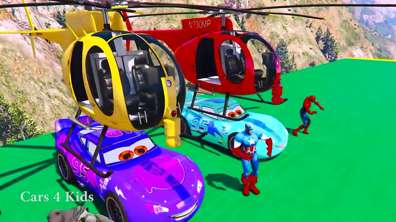 Color MCQUEEN Helicopter & Spiderman Cars Cartoon w Bus Superheroes for kids and babies