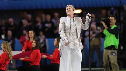 P!nk sings the National Anthem at Super Bowl LII