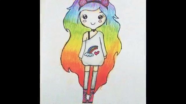 Desenhos Tumblr - Segundo desenho da página: Bonequinha Kawaii Tumblr ☆  Cabelo Arco-Íris(azul,roxo e rosa) ☆Blusa Cor-de-Rosa com listras brilhosas  ☆Tênis Azul