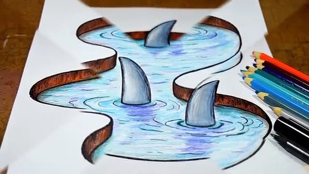 Como desenhar Lago com Tubarões Efeito 3D