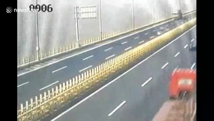 Massive wheel flies off truck and hits car on highway