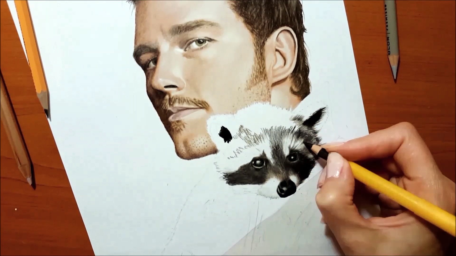 Drawing Chris Pratt & raccoon