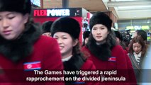 North Korean cheerleaders in high spirits on Olympic arrival