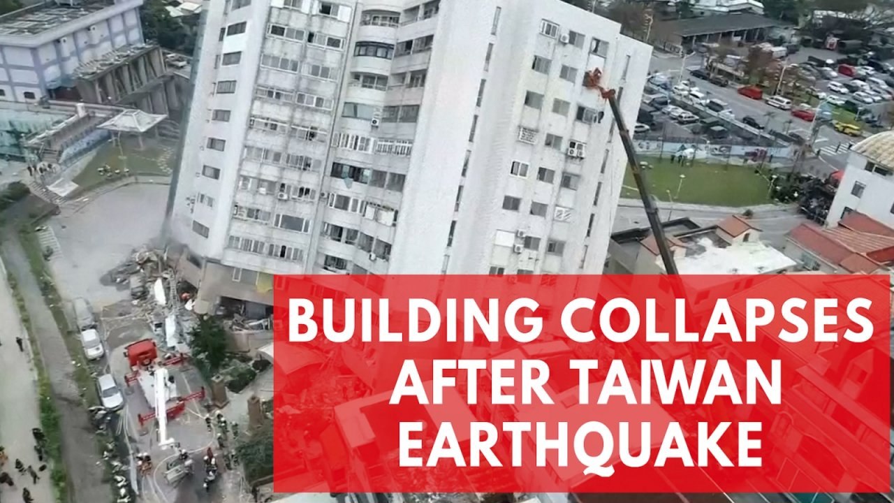 Drone footage shows collapsed residential building after Taiwan earthquake