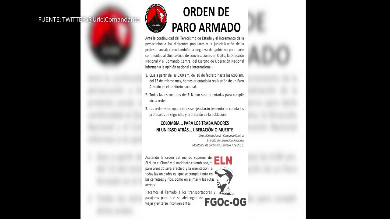 ELN anuncia huelga armada tras congelamiento de diálogos de paz