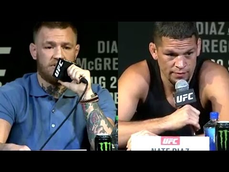Conor Mcgregor and Nate Diaz throw water bottles at eachother at UFC