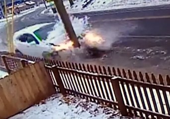 Car Slams Into Pole on Icy Street in Southington, Connecticut