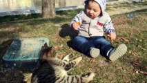 Kediyle simidini paylaşan çocuğun sevimli halleri kameraya yansıdı