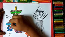 How to draw colourful diya and lantern for Diwali wishes step by step very easily for kids
