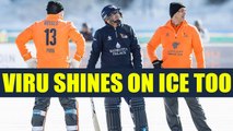 Virender Sehwag hits 31-ball 62 in the maiden Ice Cricket | Oneindia News