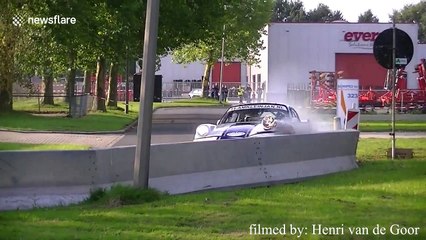 Porsche flips during rally and lands in canal