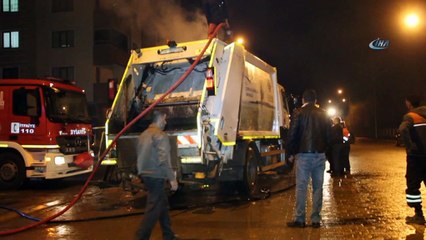 Çöp kamyonu itfaiye önünde alev aldı