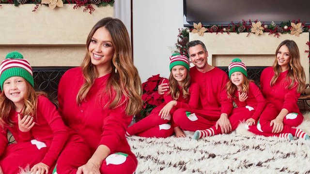 Pregnant Jessica Alba poses with husband Cash Warren and daughters Honor and Haven for their holiday card.