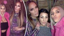 'Taco Wednesday at Jennifer Lopez and Alex's house!' Busty Kim Kardashian sizzles in tiny bandeau top as she joins Jennifer Lopez and sister Kourtney at celeb-studded gathering.