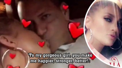 'To my gorgeous girl, you make me happier, stronger, better!': Jennifer Lopez, 48, kisses Alex Rodriguez, 42, on Valentine's Day after his gushy note.