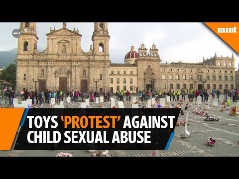 Toys and plushies protest against sexual abuse of children in Colombia