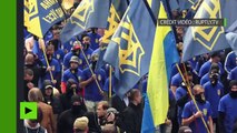 Des nationalistes ukrainiens lancent des pétards et des fumigènes devant le bâtiment du parlement