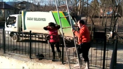 Çaya düşen köpeği itfaiye kurtardı