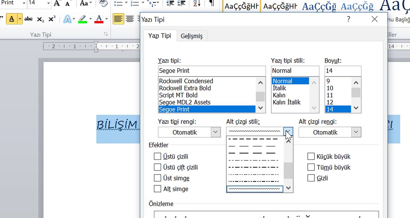 WORD ALTI ÇİZİLİ ÜSTÜ ÇİZİLİ