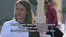 Proud parents Jessica Alba and husband Cash Warren step out with five-day-old son Hayes for the first time.