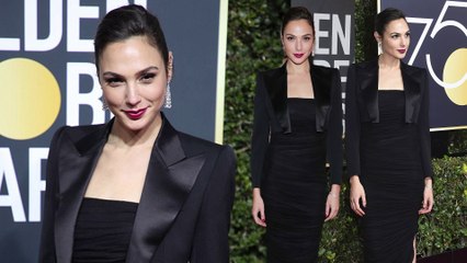 A real life Wonder Woman! Gal Gadot makes a sophisticated arrival on the Golden Globes red carpet.