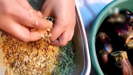 باذنجان محشي بالارز واللحمة مطبوخ باللبن ورب البندورة