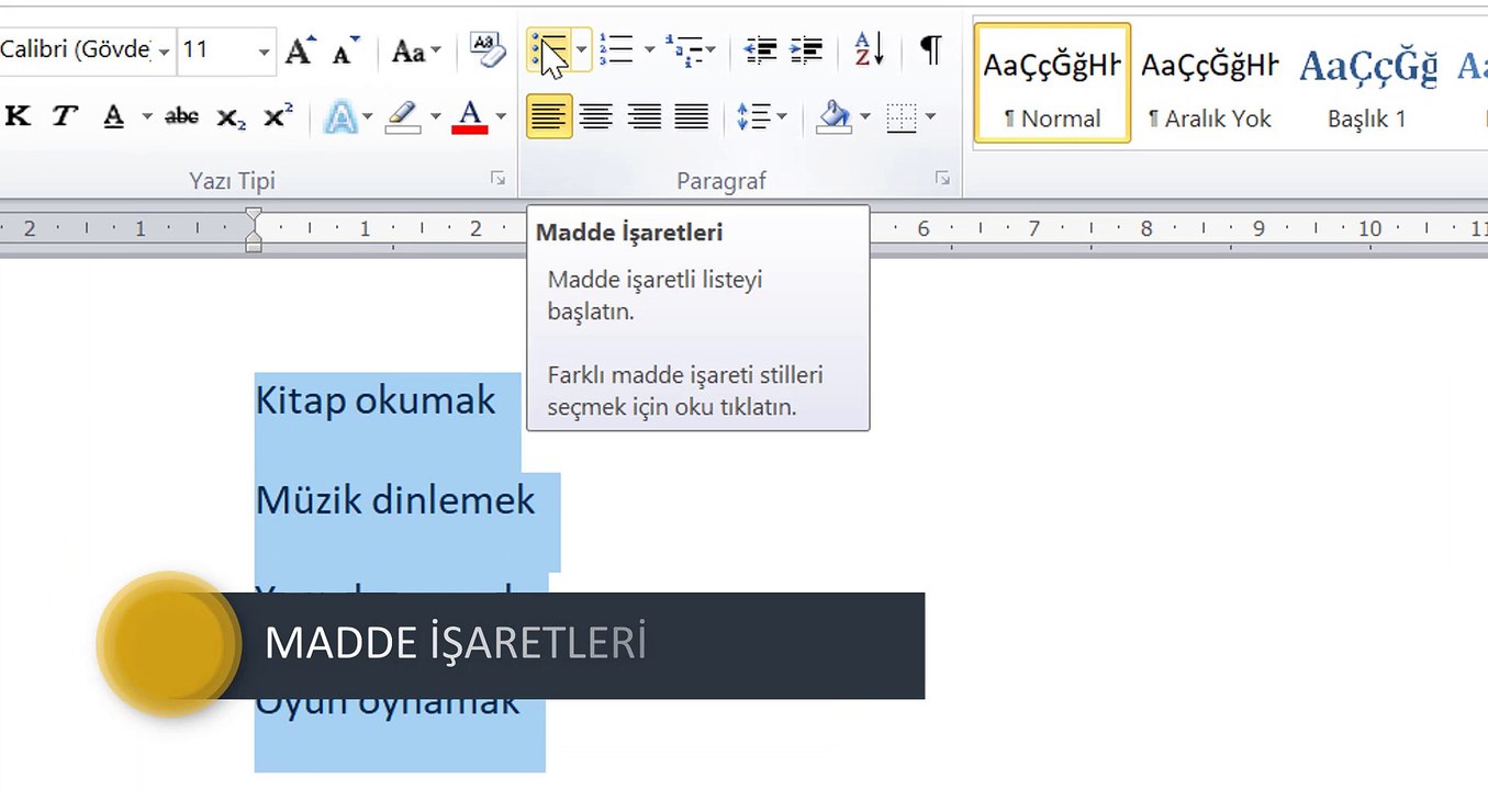 WORD MADDE İŞARETLERİ