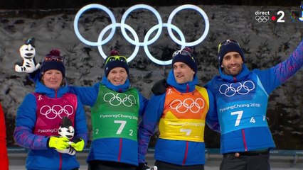 JO 2018 : Biathlon - Relais Mixte. La cérémonie des peluches avec les Bleus en or !