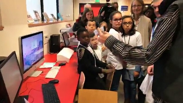 Emmanuel Macron Live l Talking with Students at médiathèque des Mureaux (library les mureaux), Bouafle, France.
