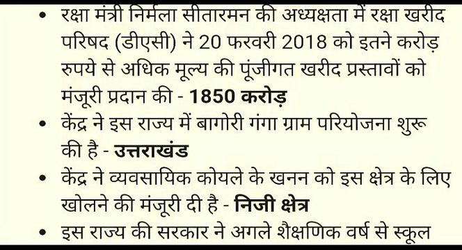 22th February 2018 Daily current affairs Question one liner (National International & sports & all)