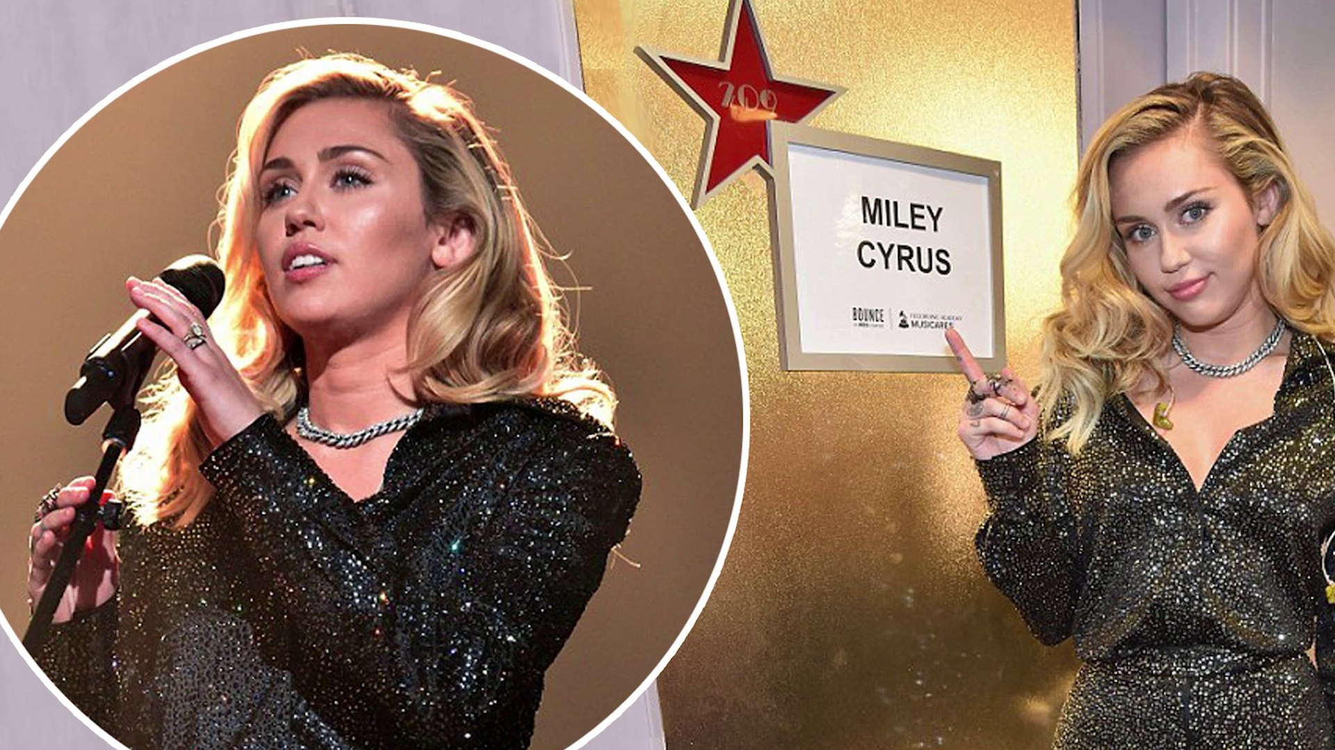 Shining star! Miley Cyrus dazzles in sparkly black jumpsuit for MusiCares honoring Fleetwood Mac.