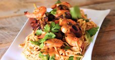 How to Make Grilled Shrimp Satay with Shittake Mushrooms, Baby Bok Choy, and Udon Noodles