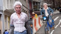 Human Ken Doll Rodrigo Alves continues to flaunt the results of his rib removal surgery as he sports a corset to cycle around New York.
