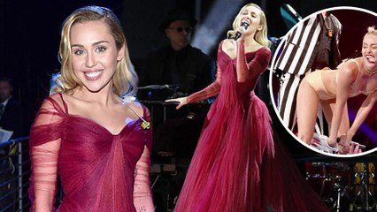 Miley Cyrus dons ruby red princess gown while performing with Elton John five years after THAT twerking act...and Twitter goes wild.