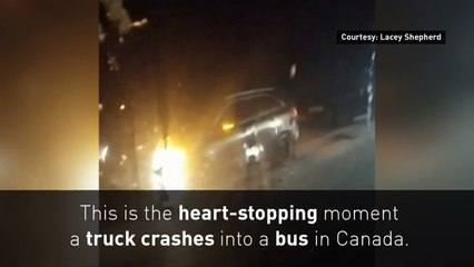 Heart-stopping moment truck rams into bus in Canada