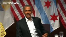 Obama promotes listening skills in first public appearance after leaving office