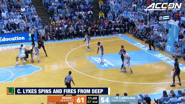 Miami's Chris Lykes Spins And Fires From Deep vs. UNC