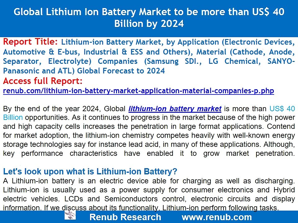 Global Lithium-ion Battery Market to be more USD 40 Billion Opportunity by 2024